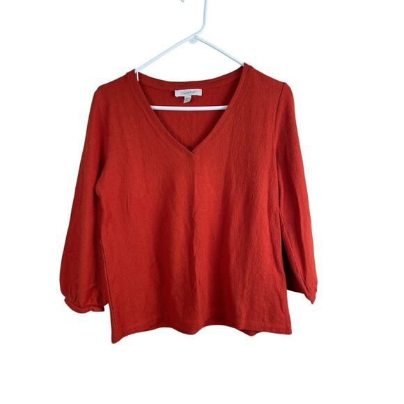 Garnet Hill Pebble Stitch Knit Top Tomato Red Womens Sz XS Cotton Bishop Sleeves - Picture 2 of 8